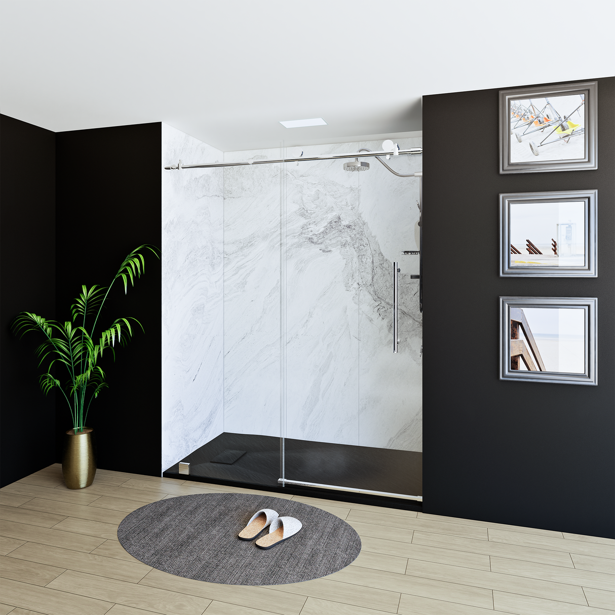 60" x 76" Frameless Shower Door with Chrome - Solid Surface Shower Base Tray - Shower Kit with covered drain - and 5pc Shower Wall System