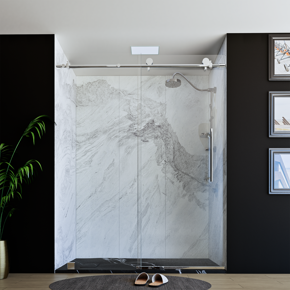 60" x 76" Frameless Shower Door with Chrome - Solid Surface Shower Base Tray - Shower Kit with covered drain - and 5pc Shower Wall System