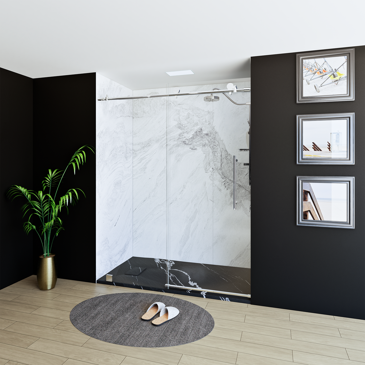 60" x 76" Frameless Shower Door with Chrome - Solid Surface Shower Base Tray - Shower Kit with covered drain - and 5pc Shower Wall System