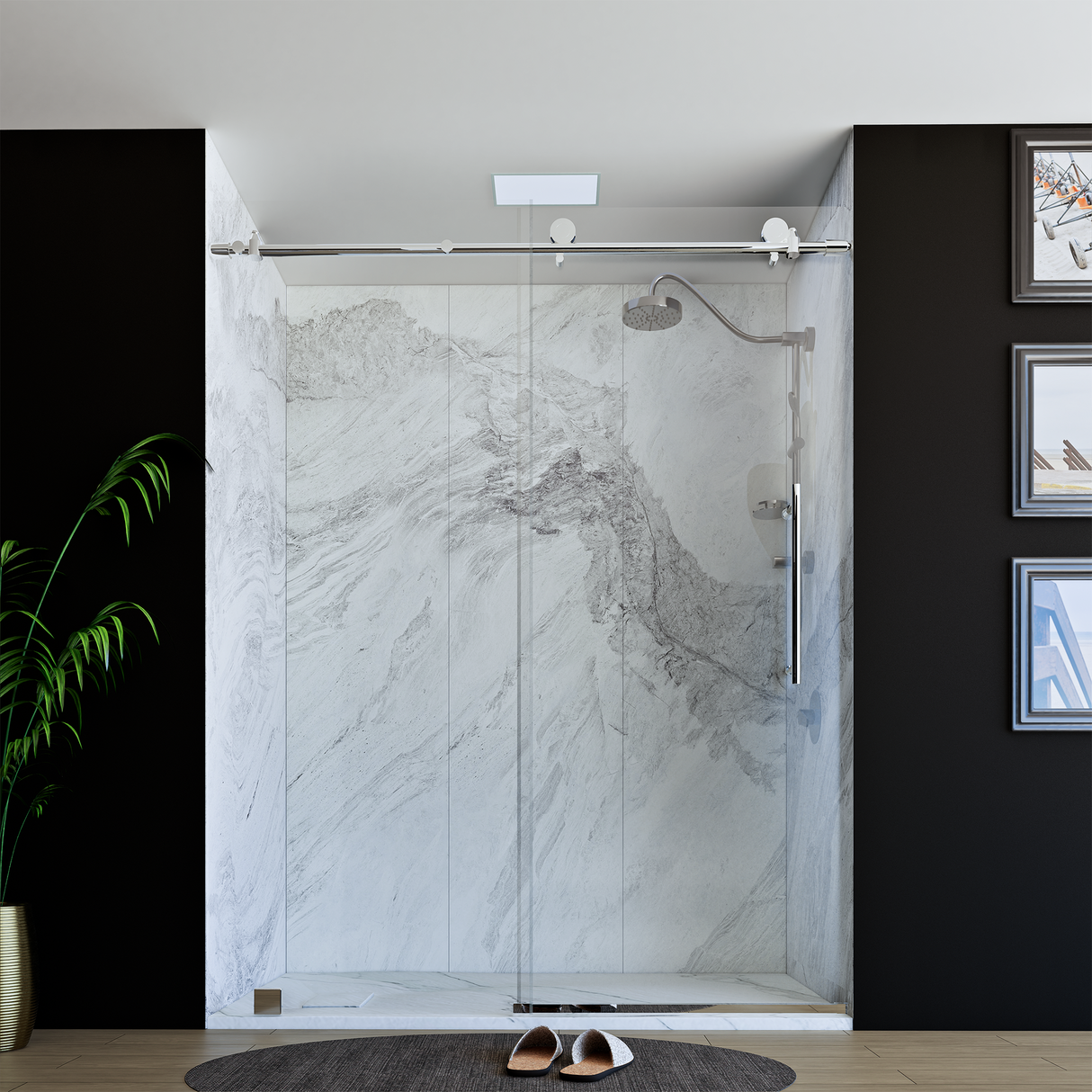 60" x 76" Frameless Shower Door with Chrome - Solid Surface Shower Base Tray - Shower Kit with covered drain - and 5pc Shower Wall System
