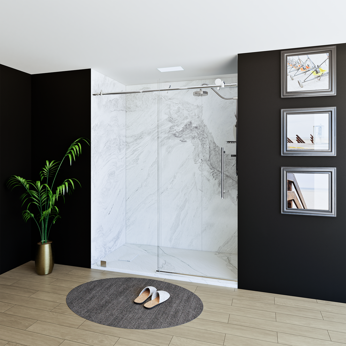 60" x 76" Frameless Shower Door with Chrome - Solid Surface Shower Base Tray - Shower Kit with covered drain - and 5pc Shower Wall System
