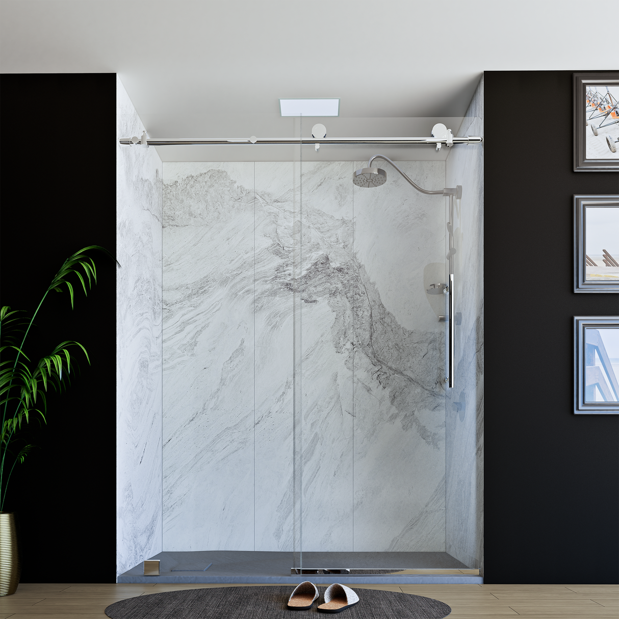 60" x 76" Frameless Shower Door with Chrome - Solid Surface Shower Base Tray - Shower Kit with covered drain - and 5pc Shower Wall System