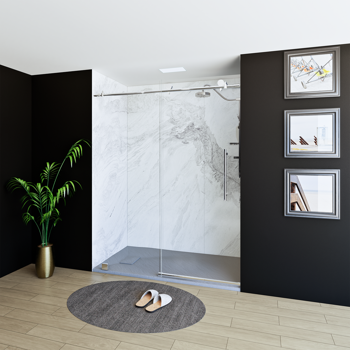 60" x 76" Frameless Shower Door with Chrome - Solid Surface Shower Base Tray - Shower Kit with covered drain - and 5pc Shower Wall System