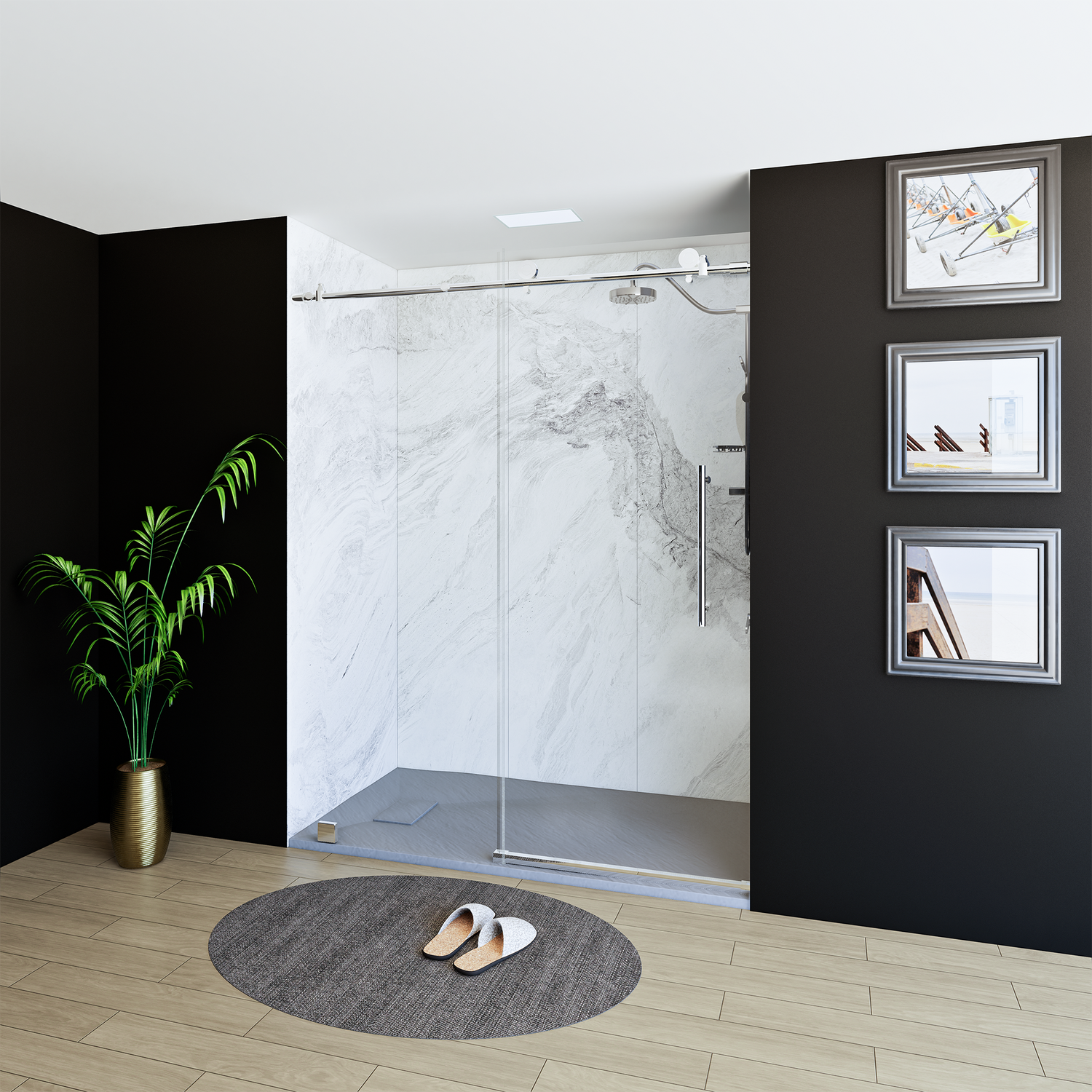 60" x 76" Frameless Shower Door with Chrome - Solid Surface Shower Base Tray - Shower Kit with covered drain - and 5pc Shower Wall System