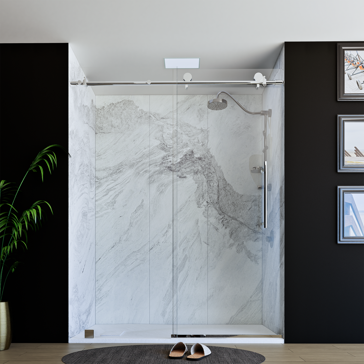 60" x 76" Frameless Shower Door with Chrome - Solid Surface Shower Base Tray - Shower Kit with covered drain - and 5pc Shower Wall System