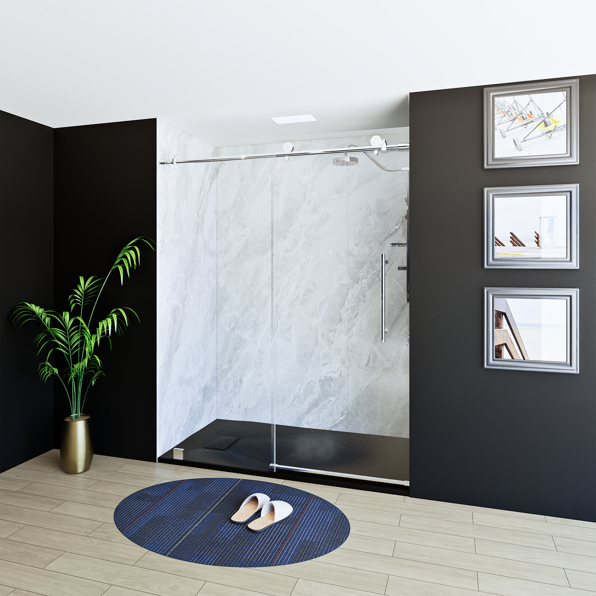 60" x 76" Frameless Shower Door with Chrome - Solid Surface Shower Base Tray - Shower Kit with covered drain - and 5pc Shower Wall System