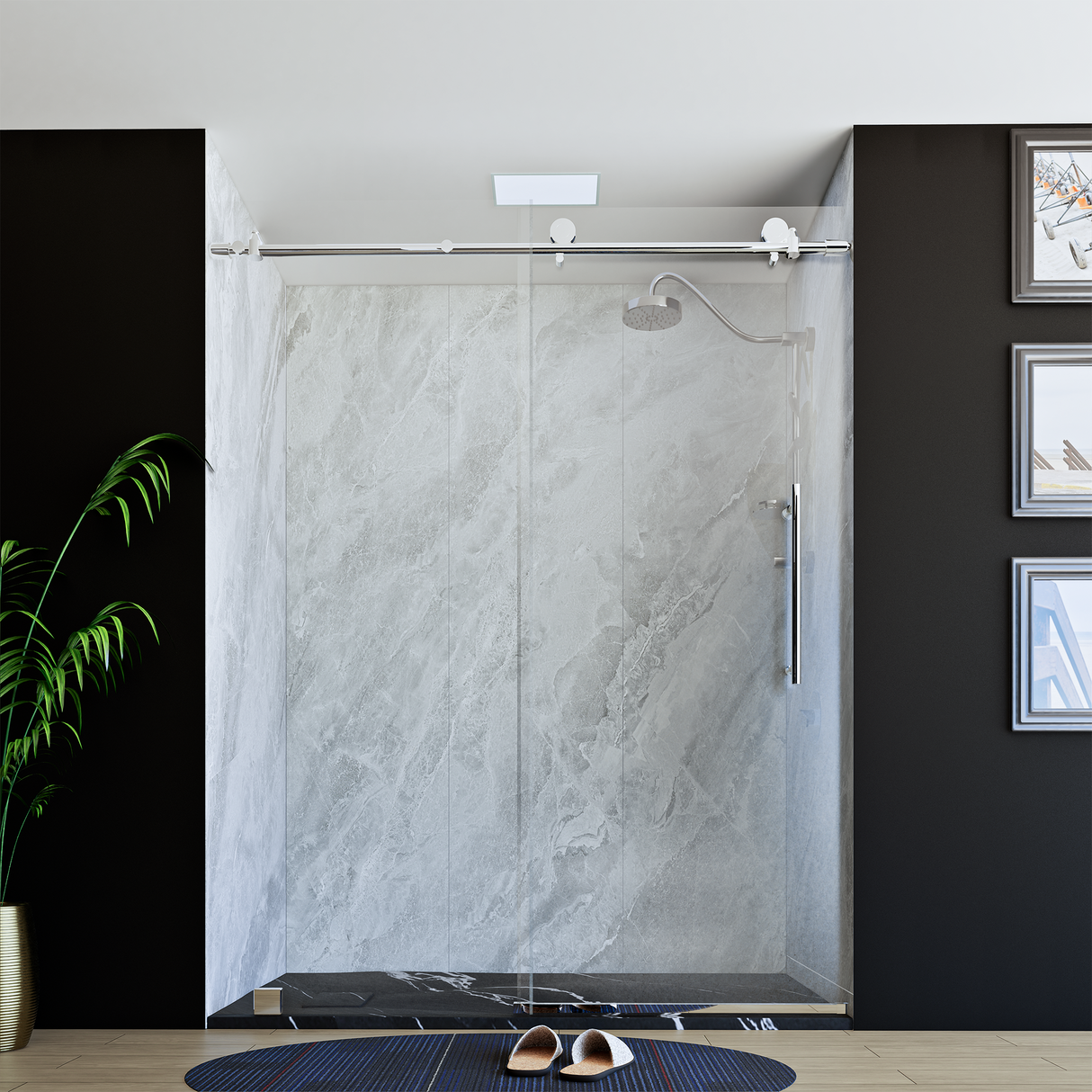 60" x 76" Frameless Shower Door with Chrome - Solid Surface Shower Base Tray - Shower Kit with covered drain - and 5pc Shower Wall System
