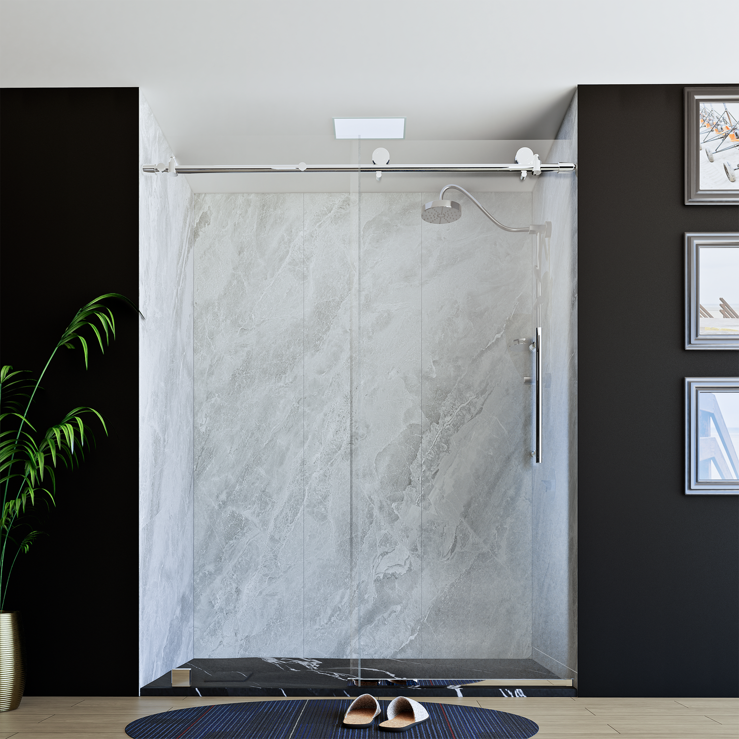60" x 76" Frameless Shower Door with Chrome - Solid Surface Shower Base Tray - Shower Kit with covered drain - and 5pc Shower Wall System