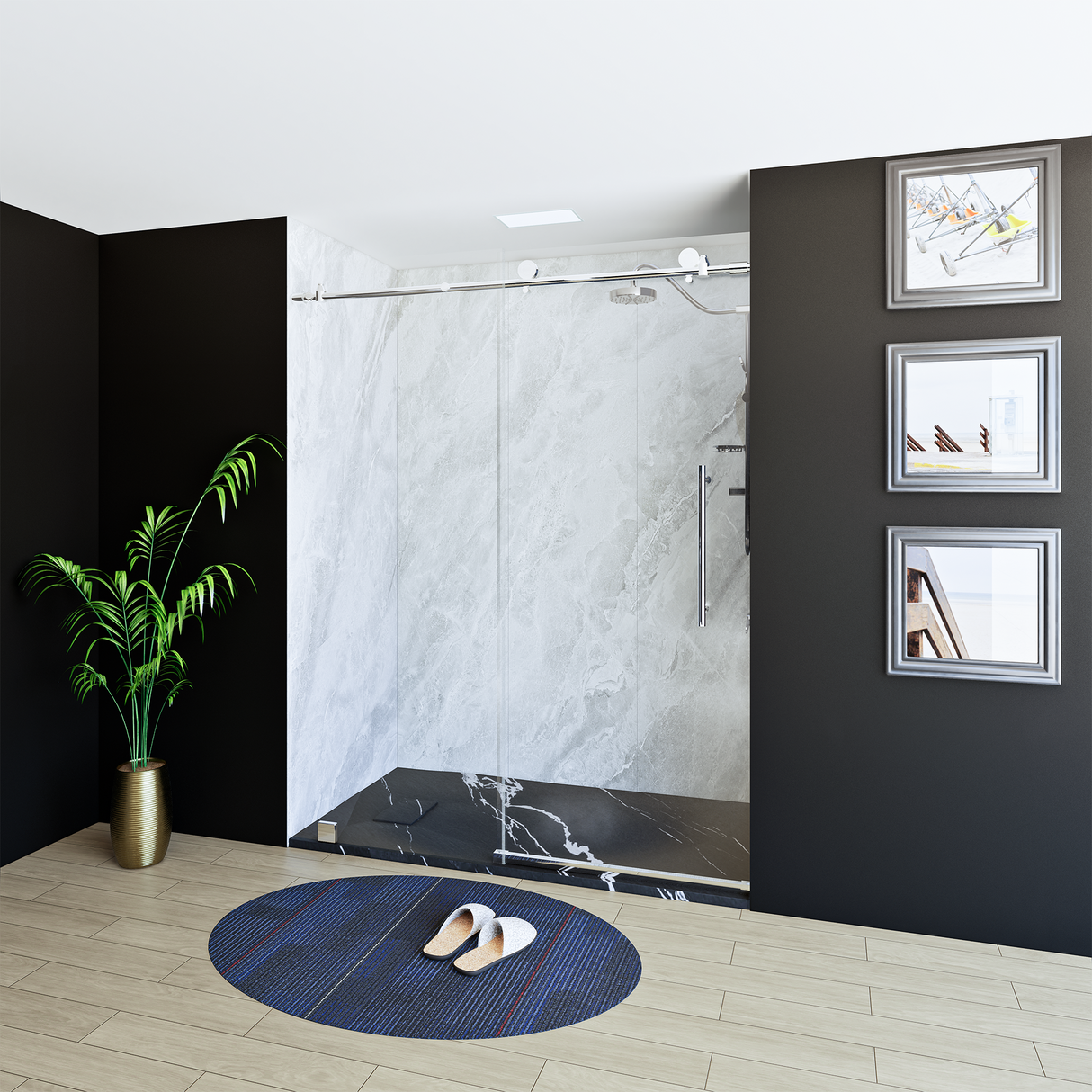 60" x 76" Frameless Shower Door with Chrome - Solid Surface Shower Base Tray - Shower Kit with covered drain - and 5pc Shower Wall System
