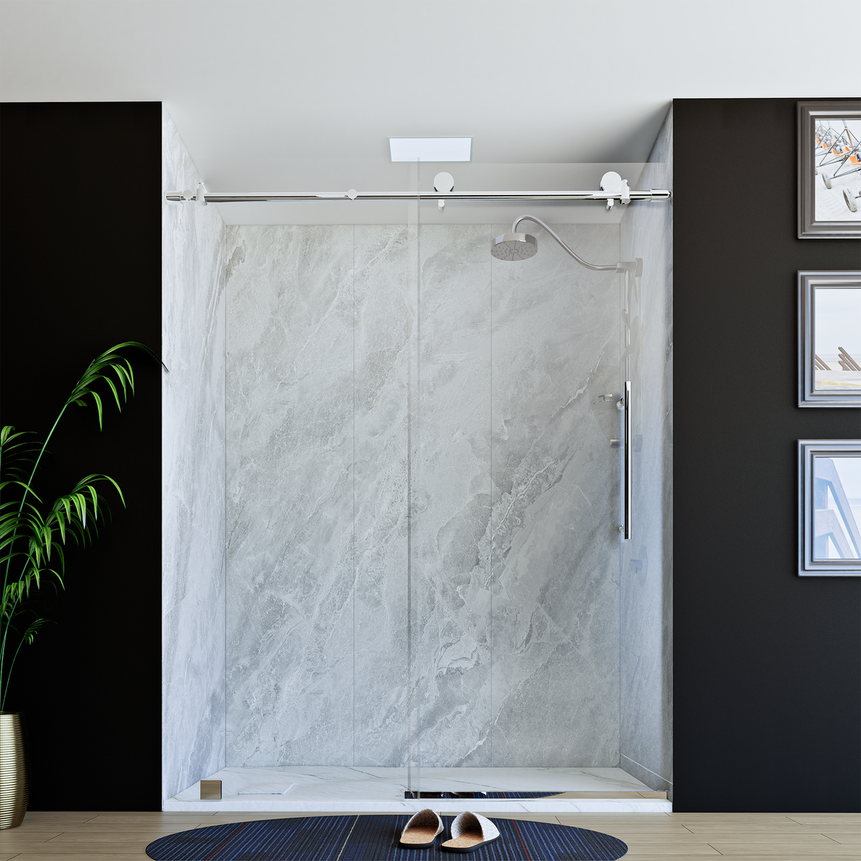 60" x 76" Frameless Shower Door with Chrome - Solid Surface Shower Base Tray - Shower Kit with covered drain - and 5pc Shower Wall System