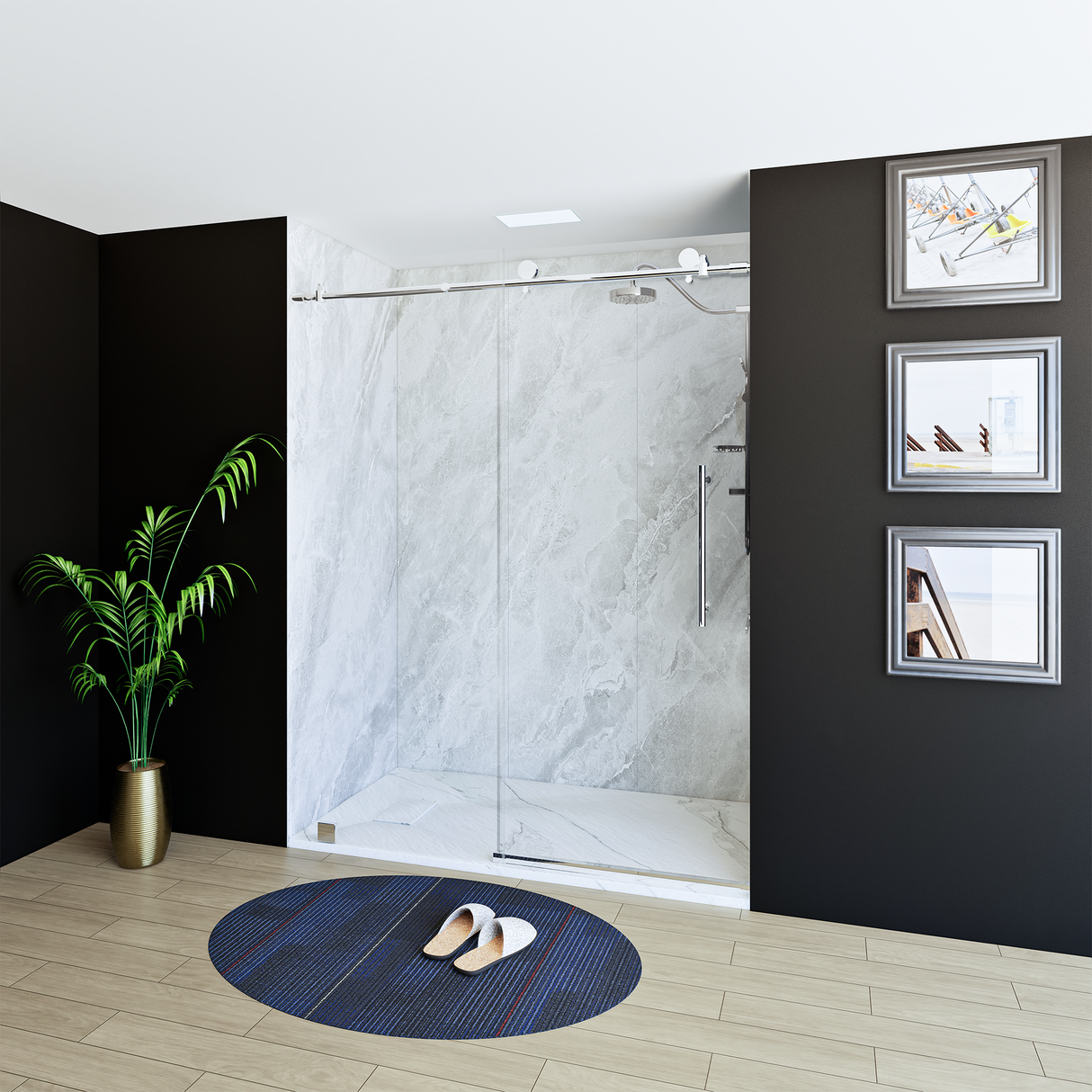 60" x 76" Frameless Shower Door with Chrome - Solid Surface Shower Base Tray - Shower Kit with covered drain - and 5pc Shower Wall System