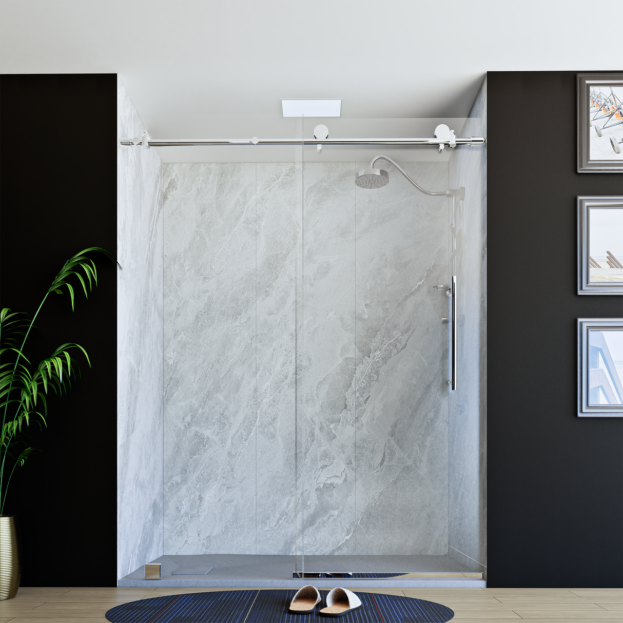 60" x 76" Frameless Shower Door with Chrome - Solid Surface Shower Base Tray - Shower Kit with covered drain - and 5pc Shower Wall System