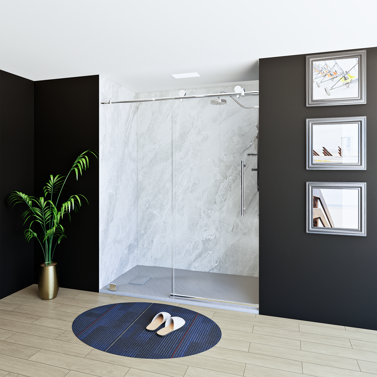60" x 76" Frameless Shower Door with Chrome - Solid Surface Shower Base Tray - Shower Kit with covered drain - and 5pc Shower Wall System