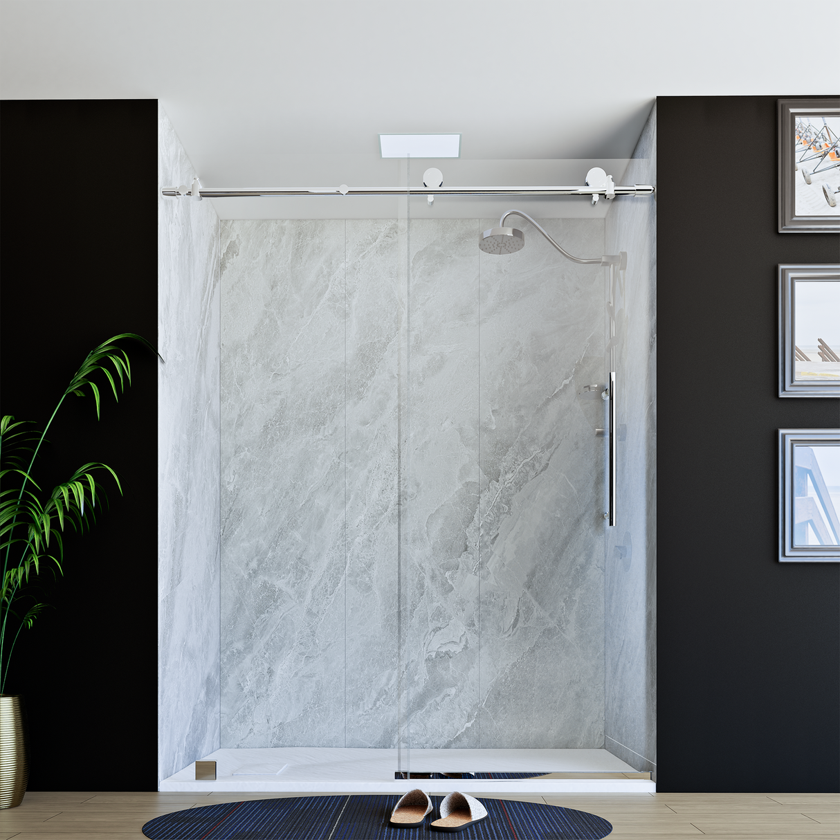 60" x 76" Frameless Shower Door with Chrome - Solid Surface Shower Base Tray - Shower Kit with covered drain - and 5pc Shower Wall System