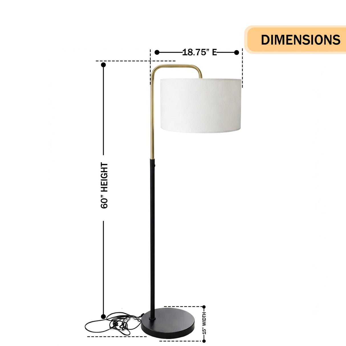 15″W x 60″H Floor Lamp with White Linen Shade – Black or Brushed Brass Finish - 2 Pack