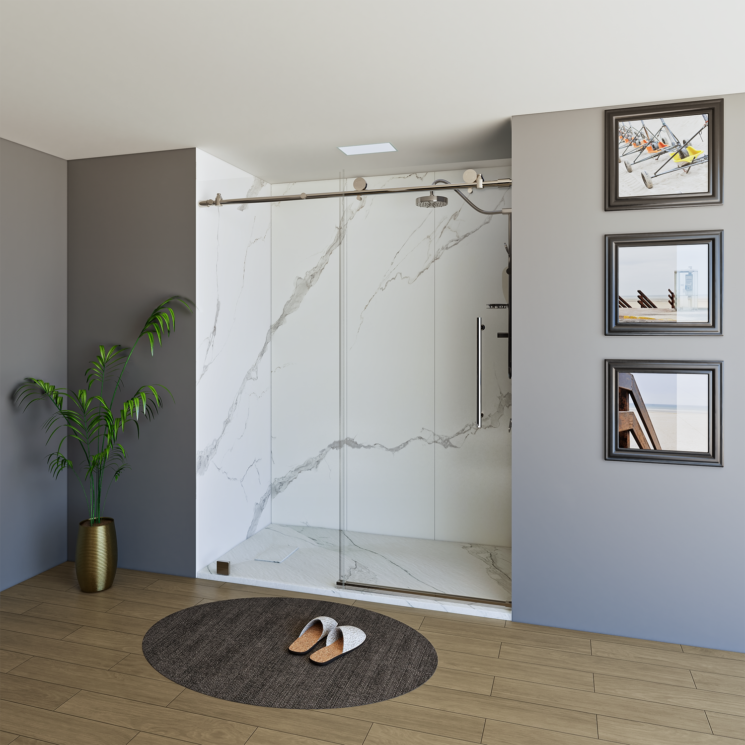60" x 76" Frameless Shower Door with Brushed Nickel - Solid Surface Shower Base Tray - Shower Kit with covered drain - and 5pc Shower Wall System