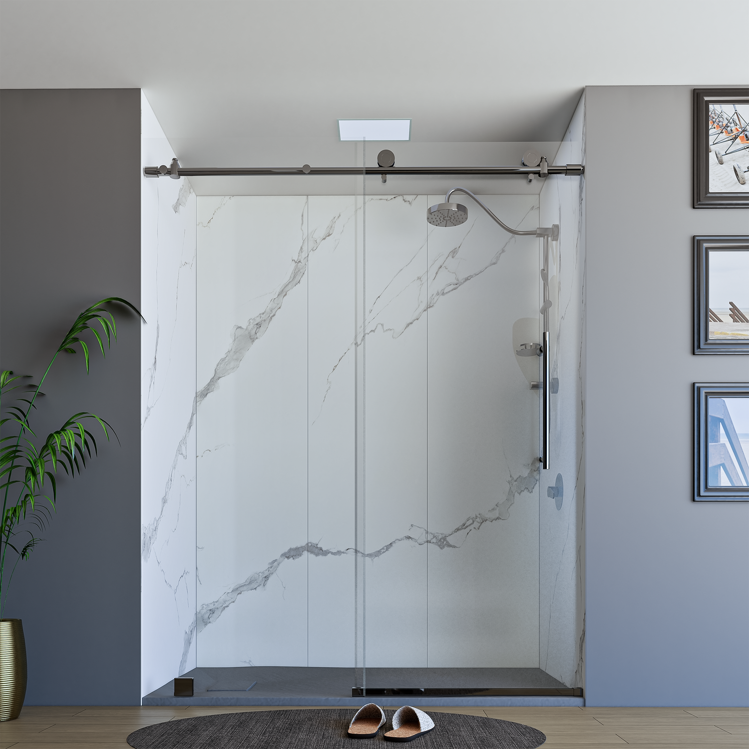 60" x 76" Frameless Shower Door with Brushed Grey - Solid Surface Shower Base Tray - Shower Kit with covered drain - and 5pc Shower Wall System