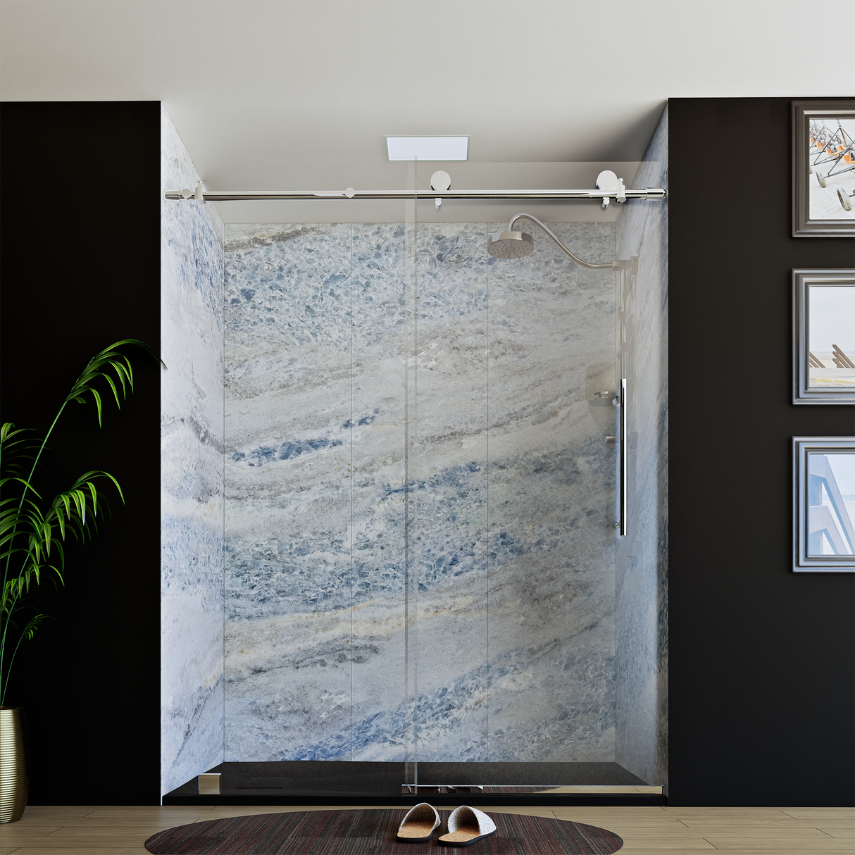 60" x 76" Frameless Shower Door with Chrome - Solid Surface Shower Base Tray - Shower Kit with covered drain - and 5pc Shower Wall System