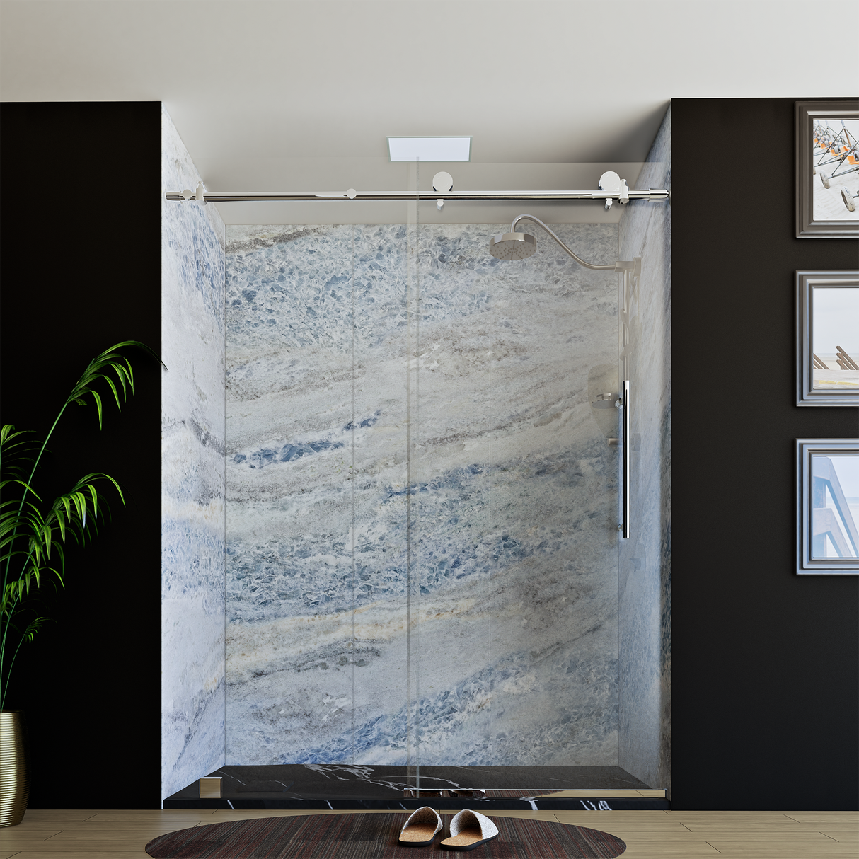 60" x 76" Frameless Shower Door with Chrome - Solid Surface Shower Base Tray - Shower Kit with covered drain - and 5pc Shower Wall System