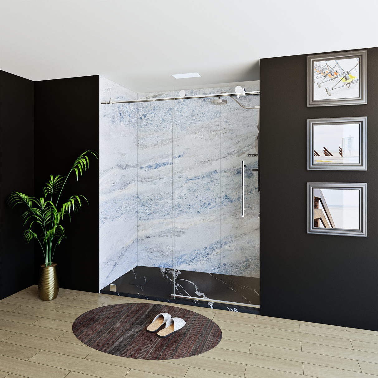 60" x 76" Frameless Shower Door with Chrome - Solid Surface Shower Base Tray - Shower Kit with covered drain - and 5pc Shower Wall System