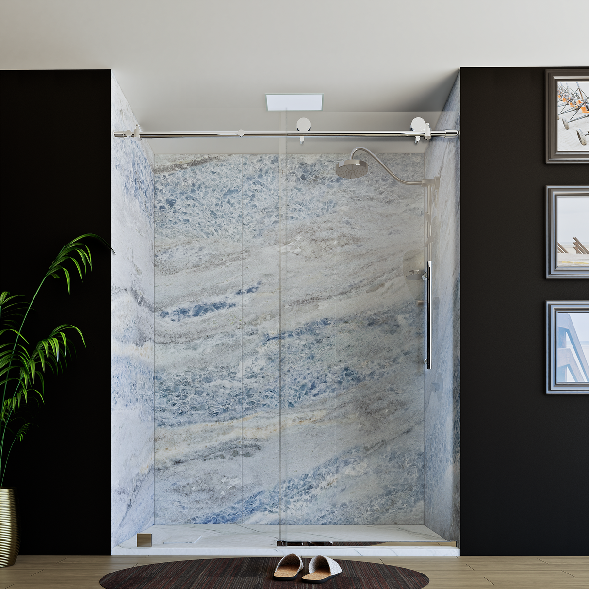 60" x 76" Frameless Shower Door with Chrome - Solid Surface Shower Base Tray - Shower Kit with covered drain - and 5pc Shower Wall System