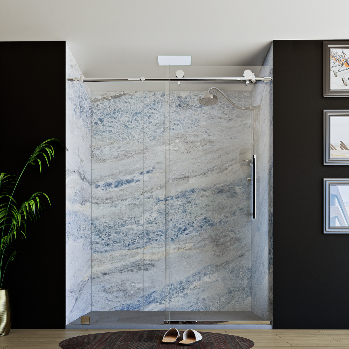 60" x 76" Frameless Shower Door with Chrome - Solid Surface Shower Base Tray - Shower Kit with covered drain - and 5pc Shower Wall System