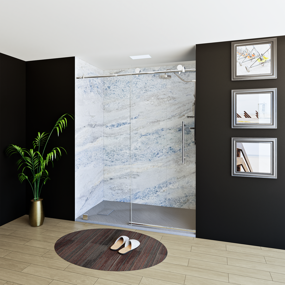 60" x 76" Frameless Shower Door with Chrome - Solid Surface Shower Base Tray - Shower Kit with covered drain - and 5pc Shower Wall System