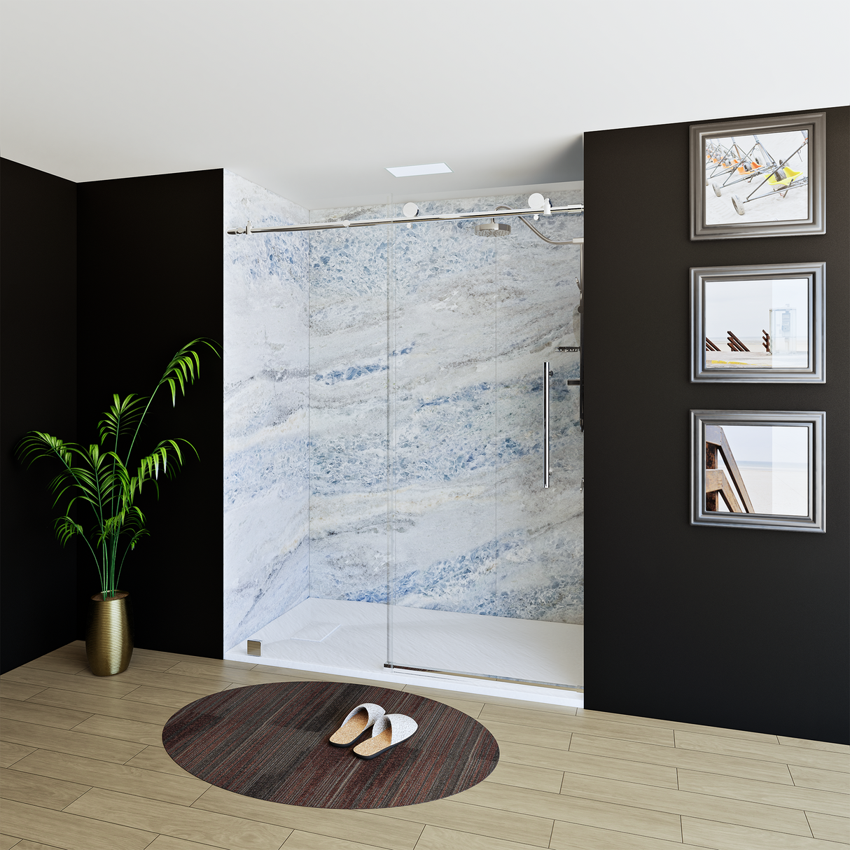 60" x 76" Frameless Shower Door with Chrome - Solid Surface Shower Base Tray - Shower Kit with covered drain - and 5pc Shower Wall System