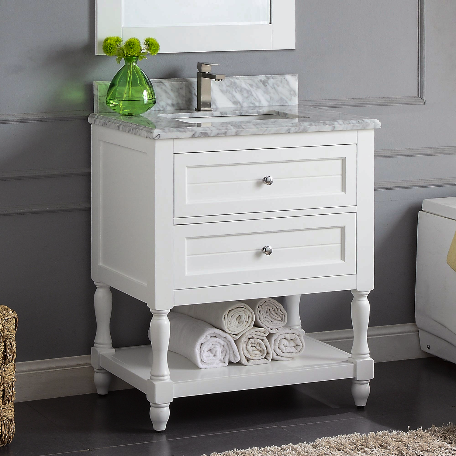 30" Elizabeth Freestanding Solid Wood White Bathroom Vanity with Carrara Natural Marble Sink Top with 4 In. Backsplash