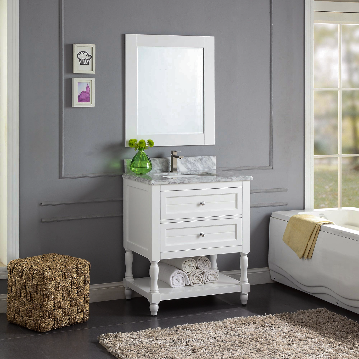 30" Elizabeth Freestanding Solid Wood White Bathroom Vanity with Carrara Natural Marble Sink Top with 4 In. Backsplash