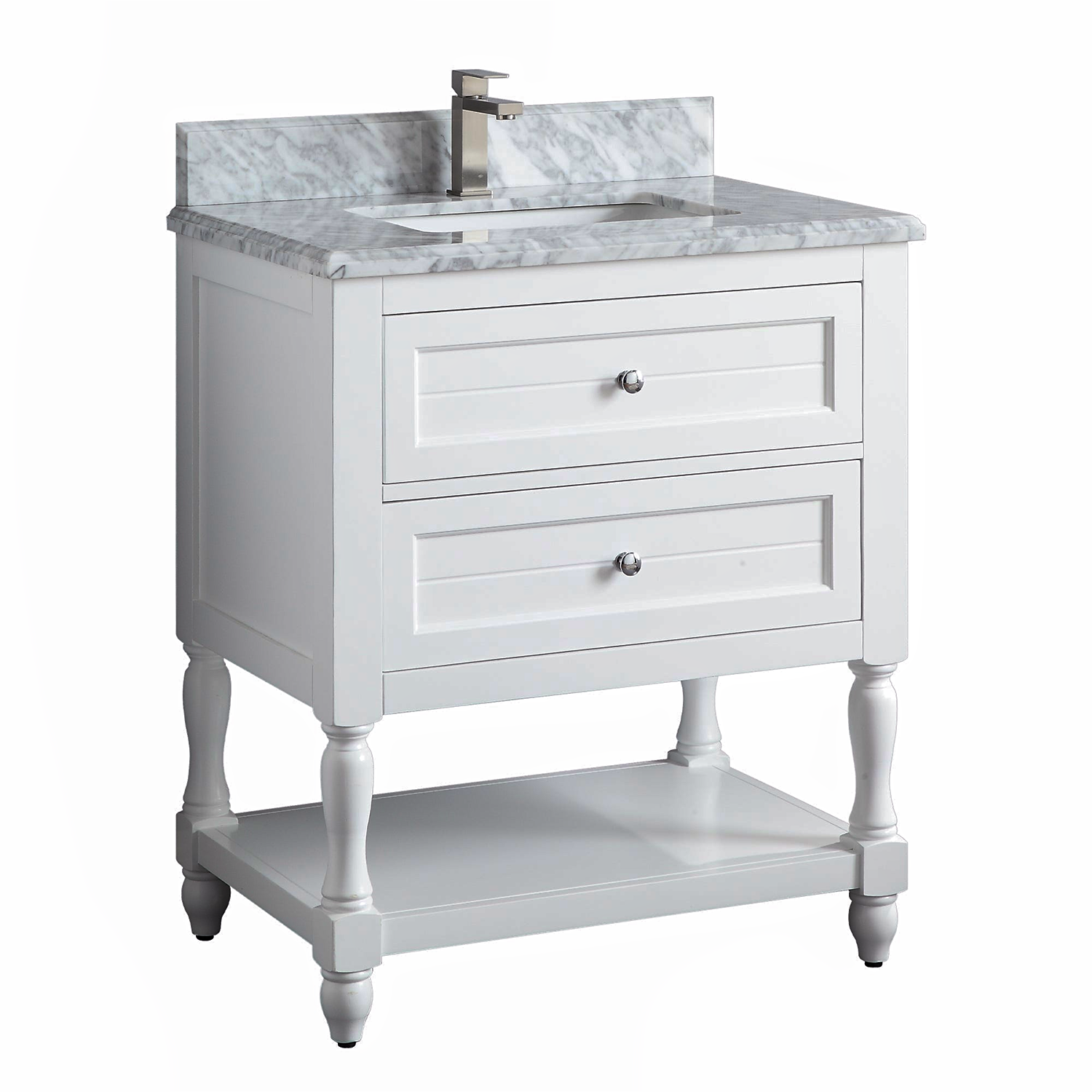 30" Elizabeth Freestanding Solid Wood White Bathroom Vanity with Carrara Natural Marble Sink Top with 4 In. Backsplash