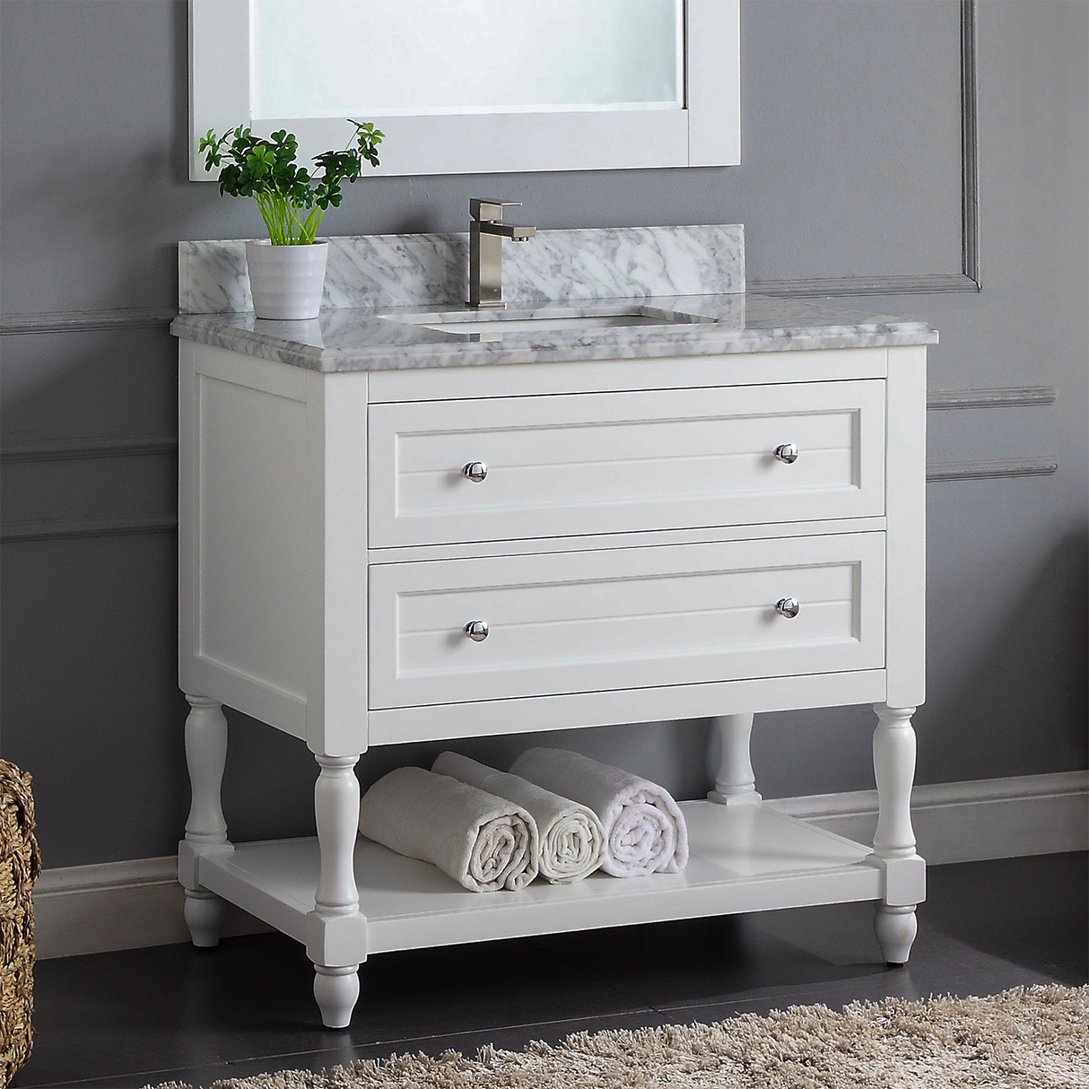 36" Elizabeth Freestanding Solid Wood White Bathroom Vanity with Carrara Natural Marble Sink Top with 4 In. Backsplash