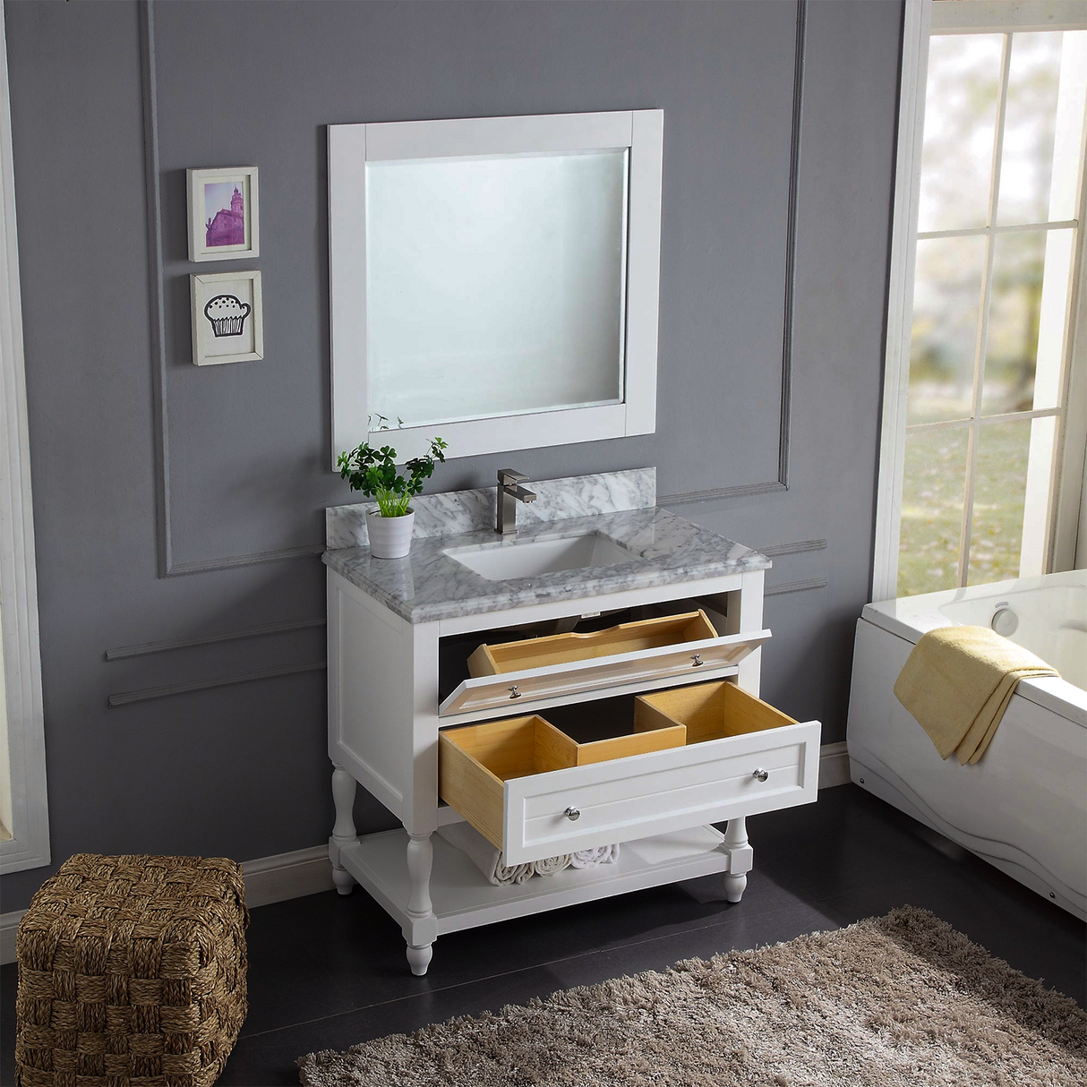 36" Elizabeth Freestanding Solid Wood White Bathroom Vanity with Carrara Natural Marble Sink Top with 4 In. Backsplash