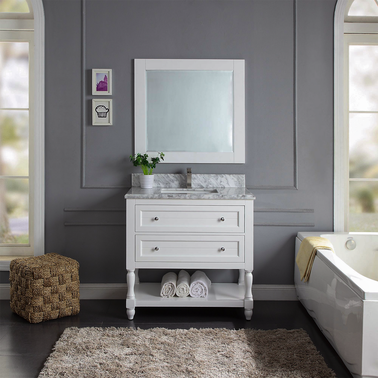 36" Elizabeth Freestanding Solid Wood White Bathroom Vanity with Carrara Natural Marble Sink Top with 4 In. Backsplash