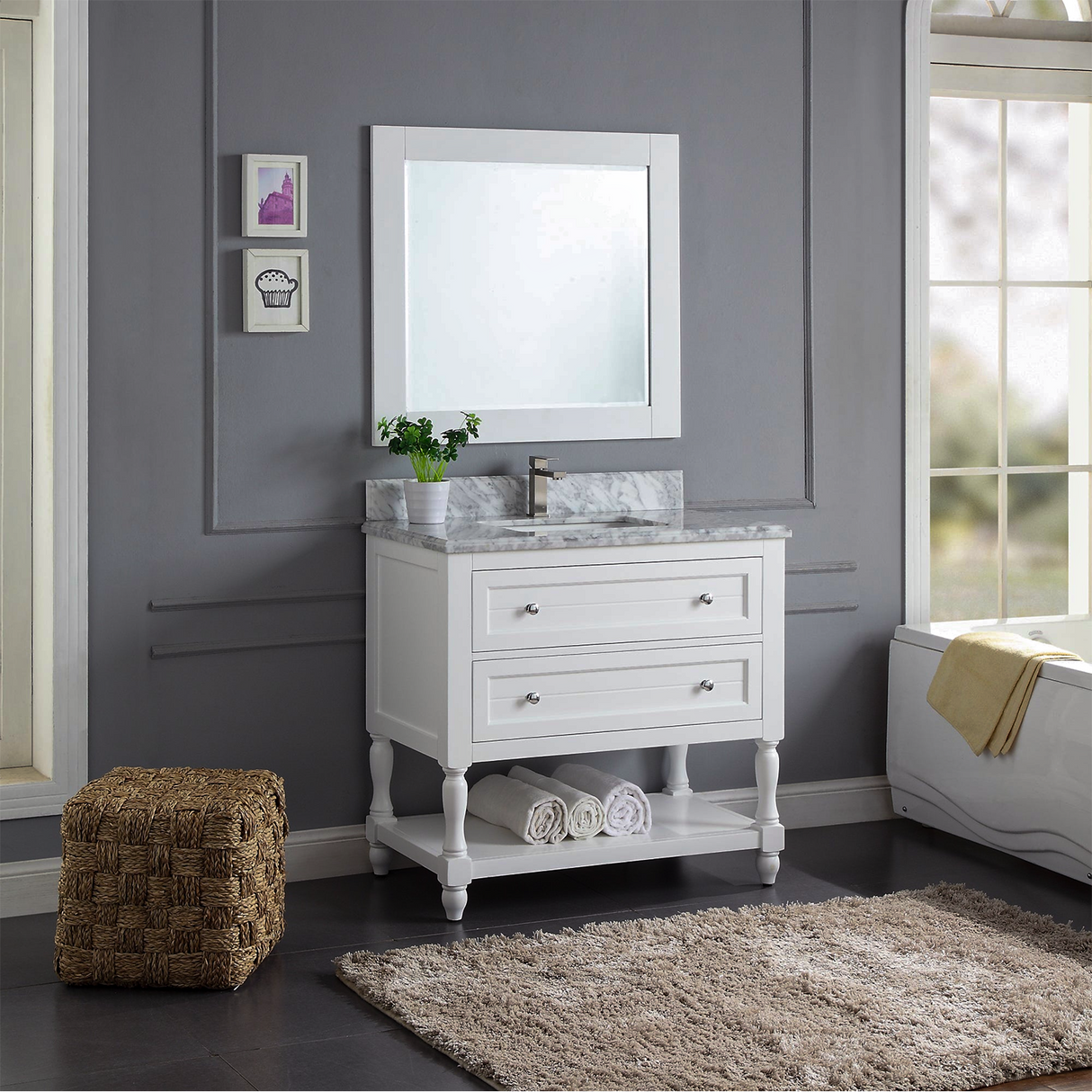 36" Elizabeth Freestanding Solid Wood White Bathroom Vanity with Carrara Natural Marble Sink Top with 4 In. Backsplash