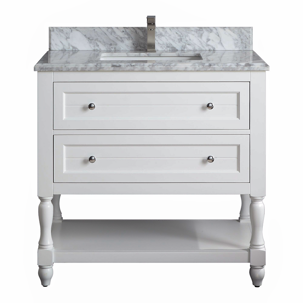 36" Elizabeth Freestanding Solid Wood White Bathroom Vanity with Carrara Natural Marble Sink Top with 4 In. Backsplash