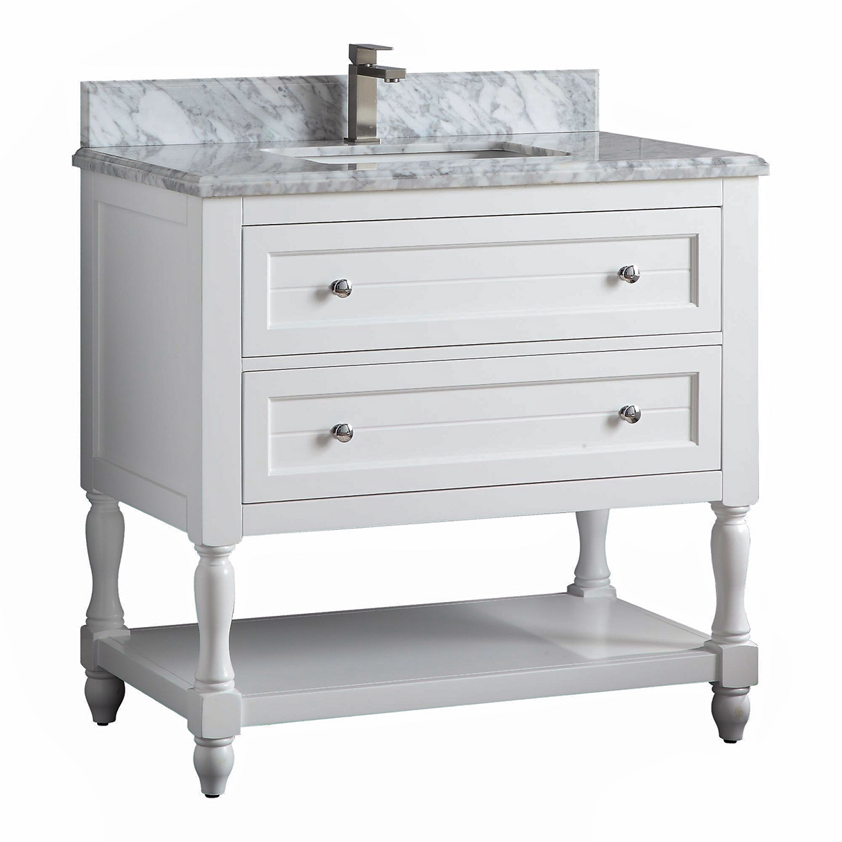 36" Elizabeth Freestanding Solid Wood White Bathroom Vanity with Carrara Natural Marble Sink Top with 4 In. Backsplash