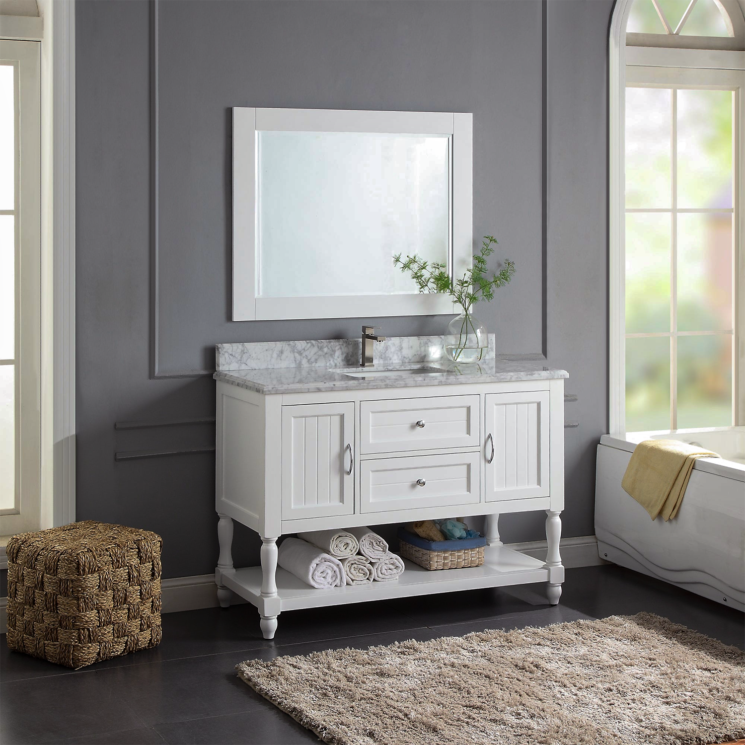48" Elizabeth Freestanding Solid Wood White Bathroom Vanity with Carrara Natural Marble Sink Top with 4 In. Backsplash