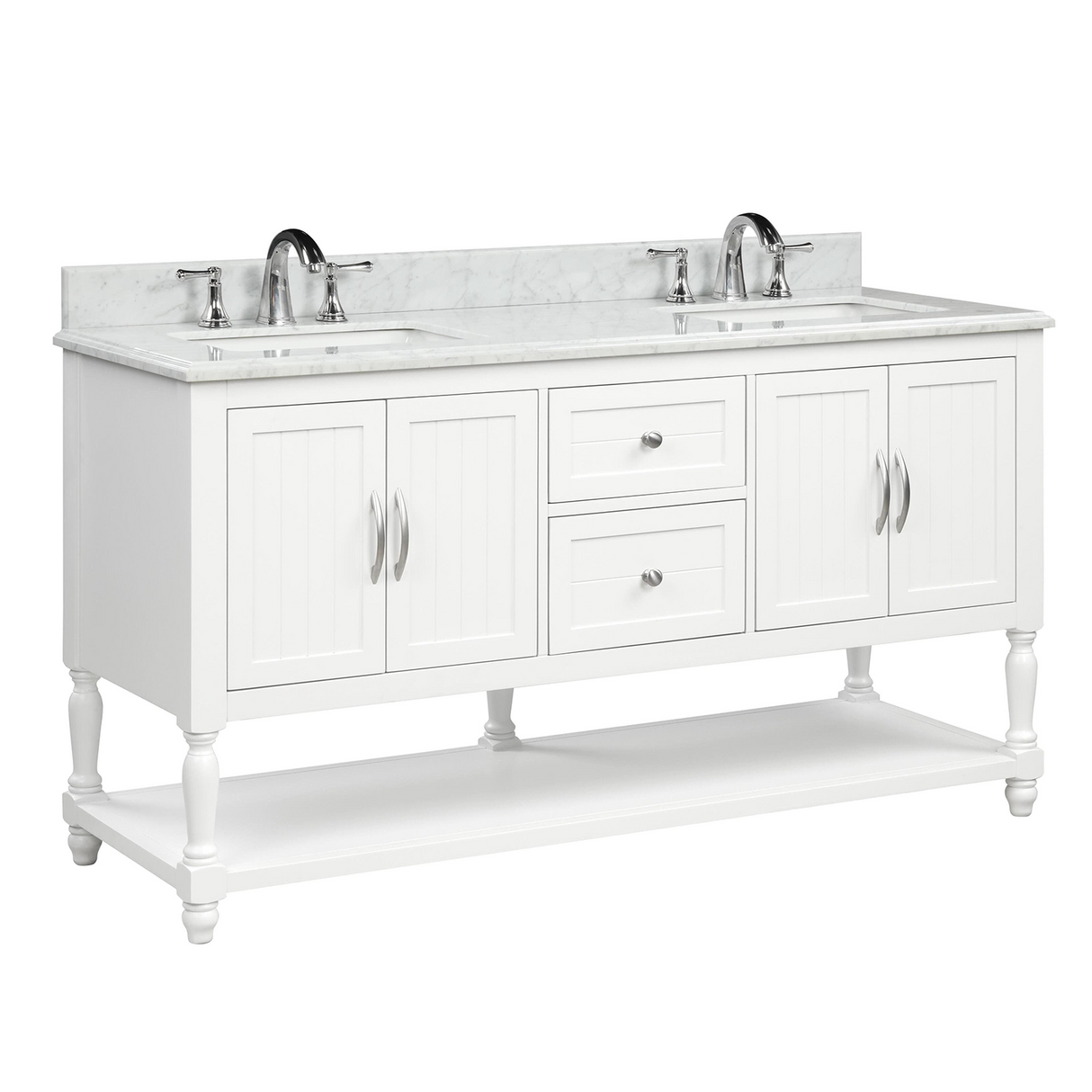 60" Elizabeth Freestanding Solid Wood White Bathroom Vanity with Carrara Natural Marble Double Sink Top with 4 In. Backsplash