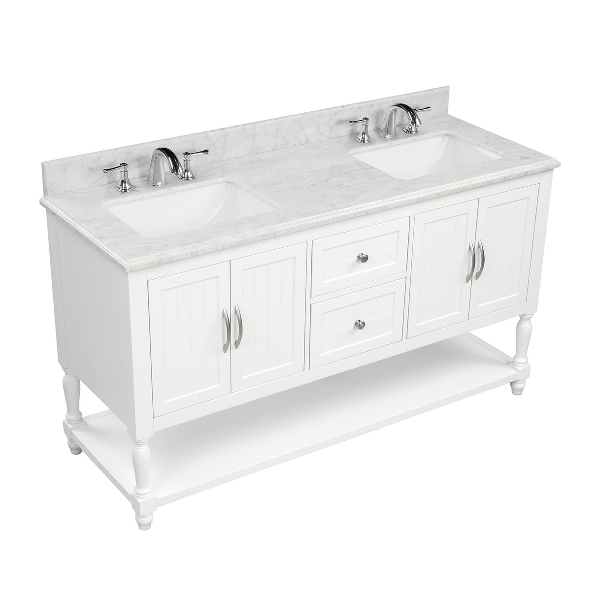 60" Elizabeth Freestanding Solid Wood White Bathroom Vanity with Carrara Natural Marble Double Sink Top with 4 In. Backsplash