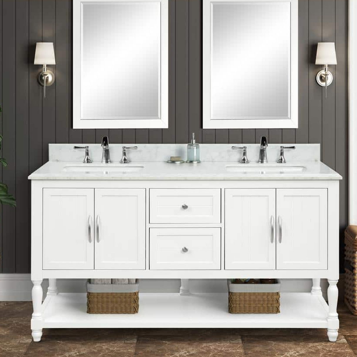 60" Elizabeth Freestanding Solid Wood White Bathroom Vanity with Carrara Natural Marble Double Sink Top with 4 In. Backsplash