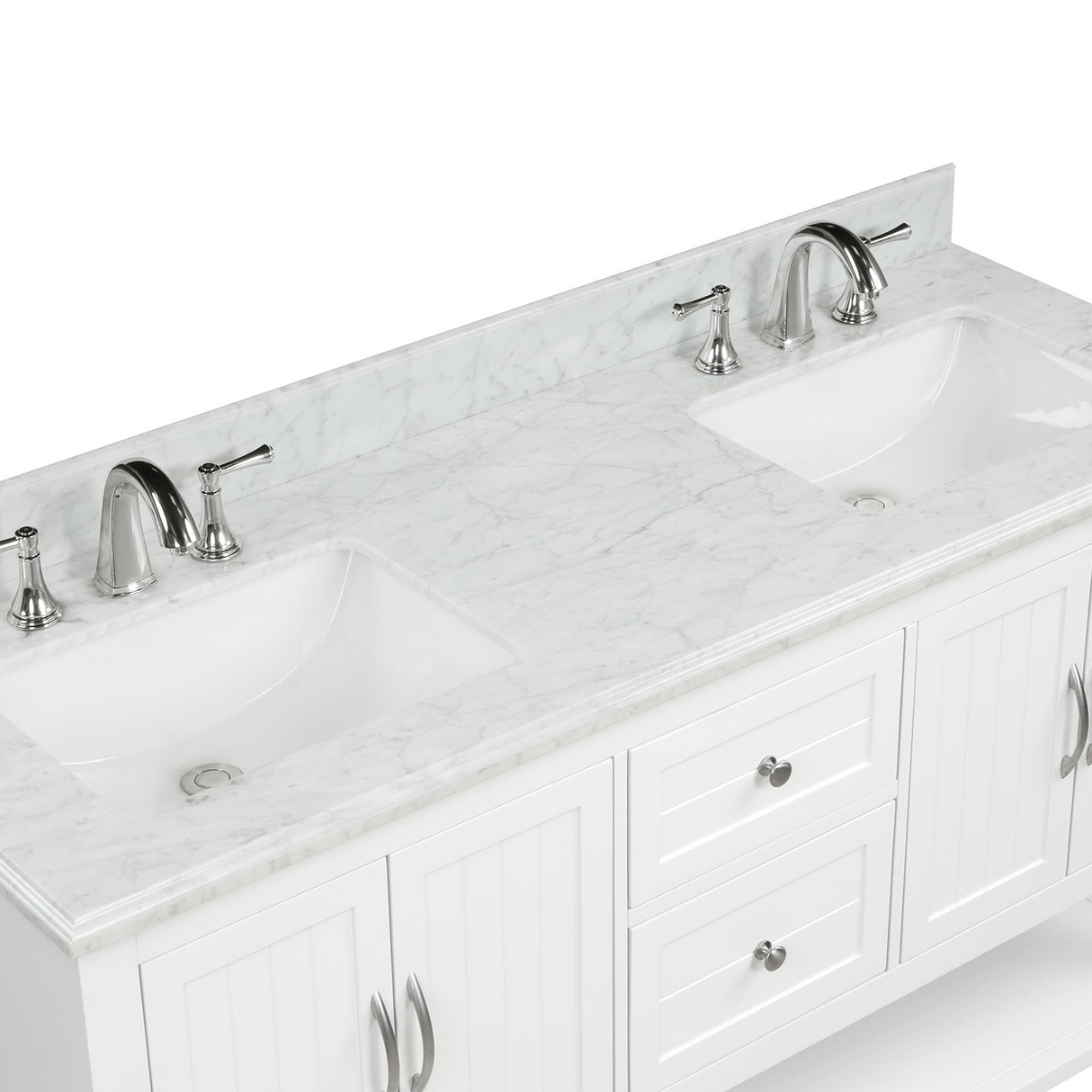 60" Elizabeth Freestanding Solid Wood White Bathroom Vanity with Carrara Natural Marble Double Sink Top with 4 In. Backsplash