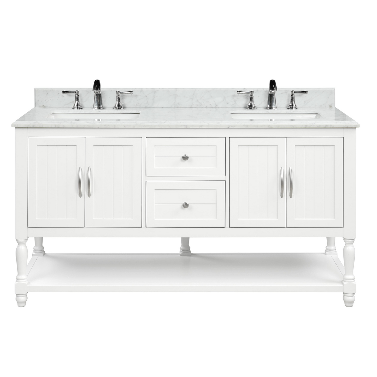 60" Elizabeth Freestanding Solid Wood White Bathroom Vanity with Carrara Natural Marble Double Sink Top with 4 In. Backsplash