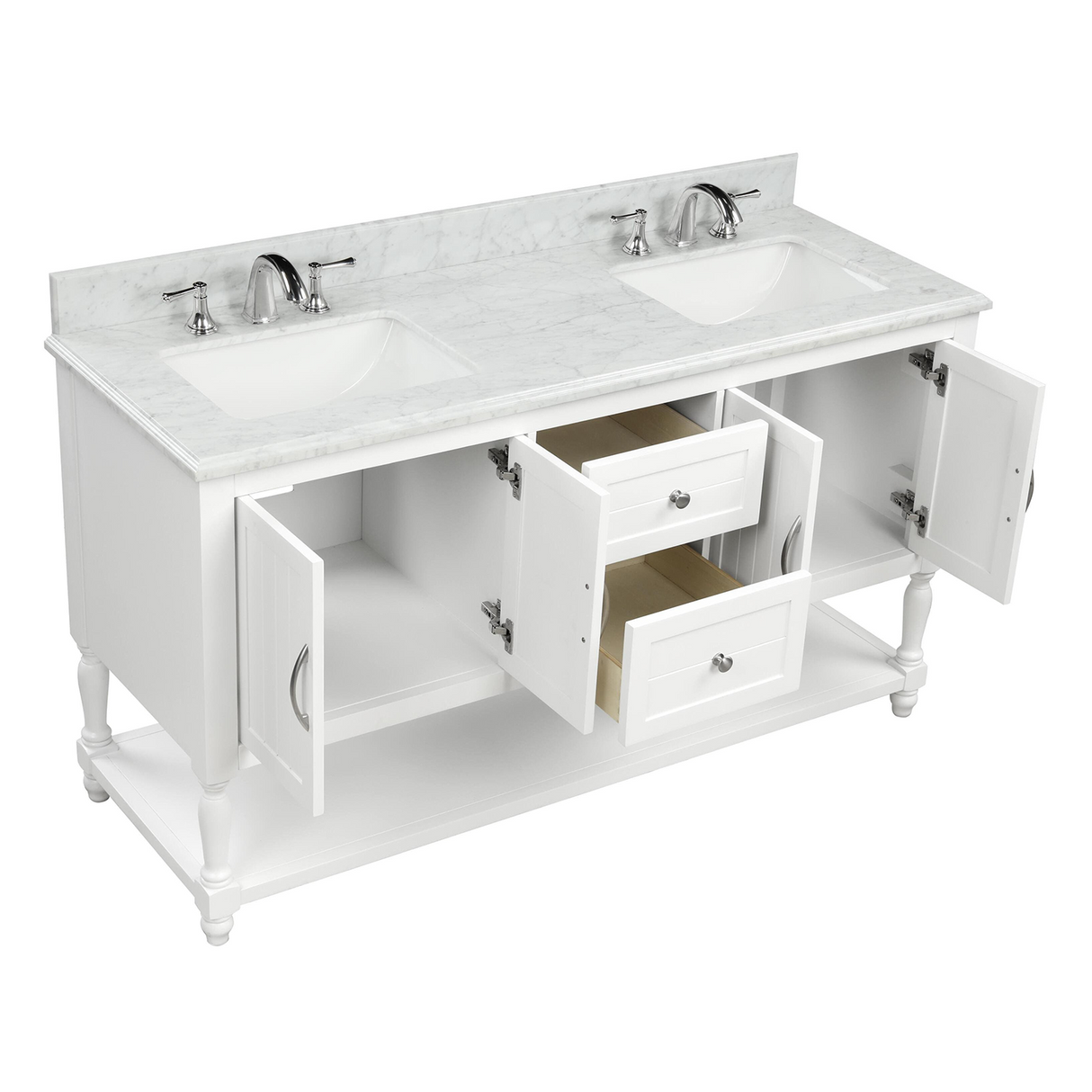 60" Elizabeth Freestanding Solid Wood White Bathroom Vanity with Carrara Natural Marble Double Sink Top with 4 In. Backsplash