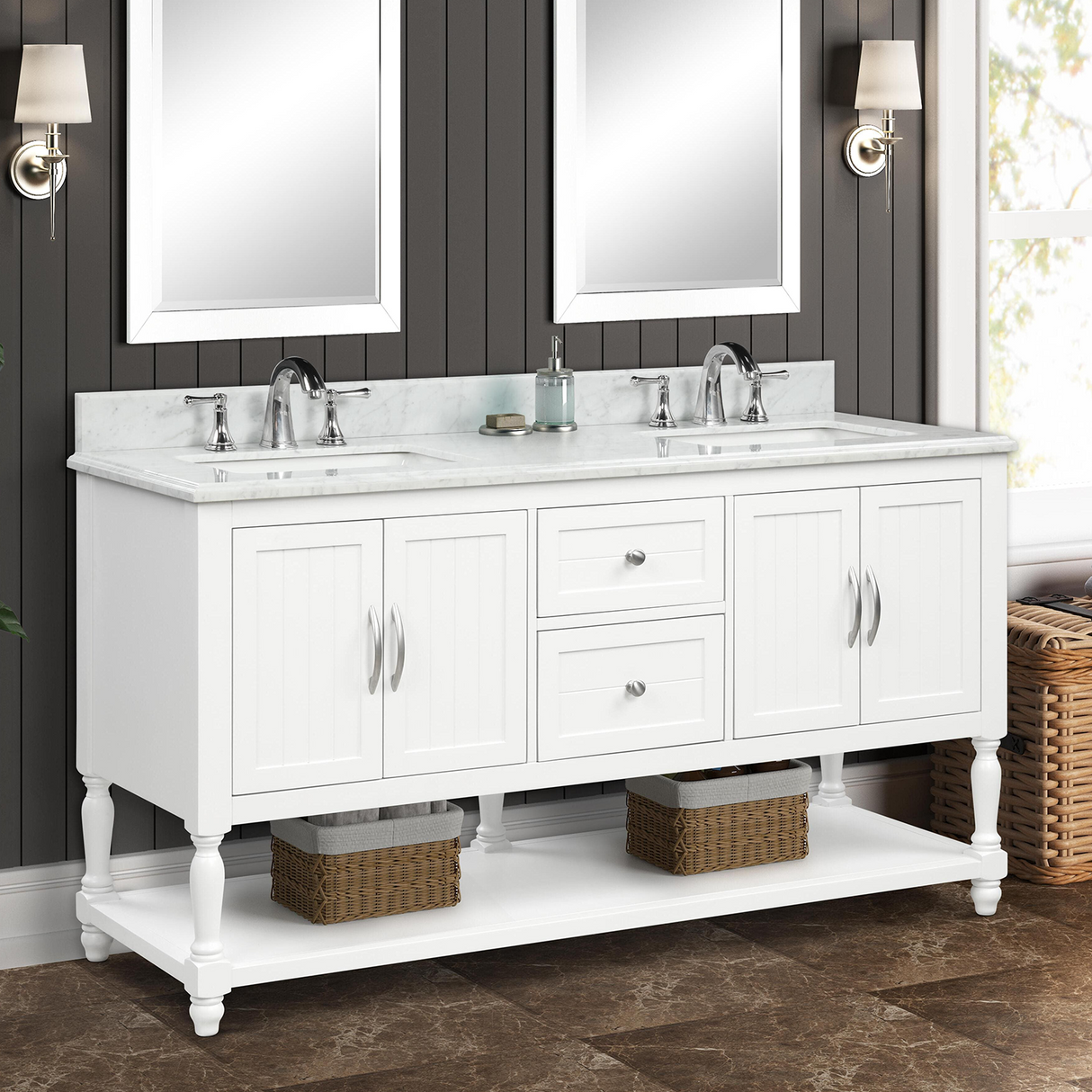 60" Elizabeth Freestanding Solid Wood White Bathroom Vanity with Carrara Natural Marble Double Sink Top with 4 In. Backsplash