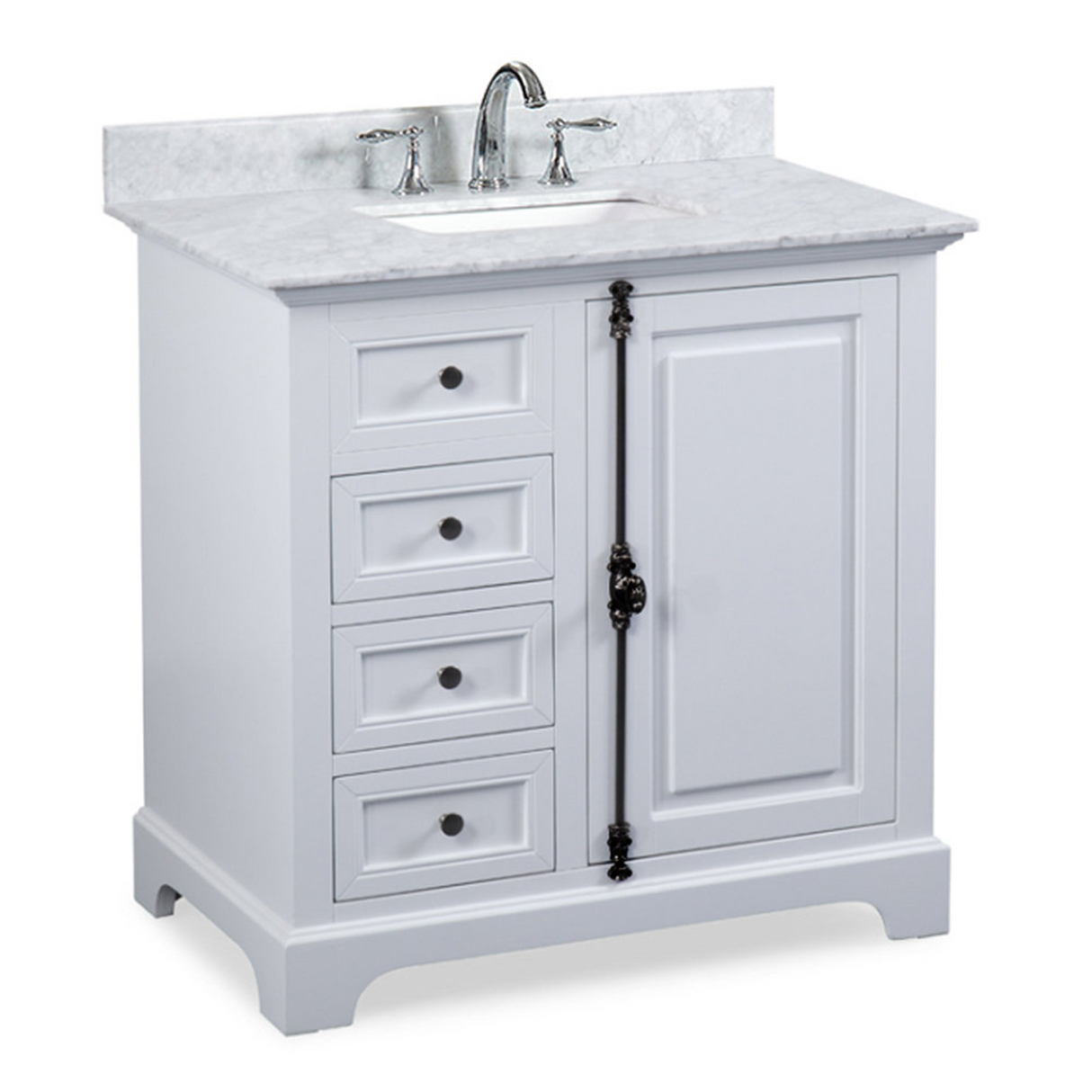 36" Icon Premium Freestanding Solid Wood White Bathroom Vanity with 1 In. Thick Premium Carrara Natural Marble Sink Top with 4 In. Backsplash
