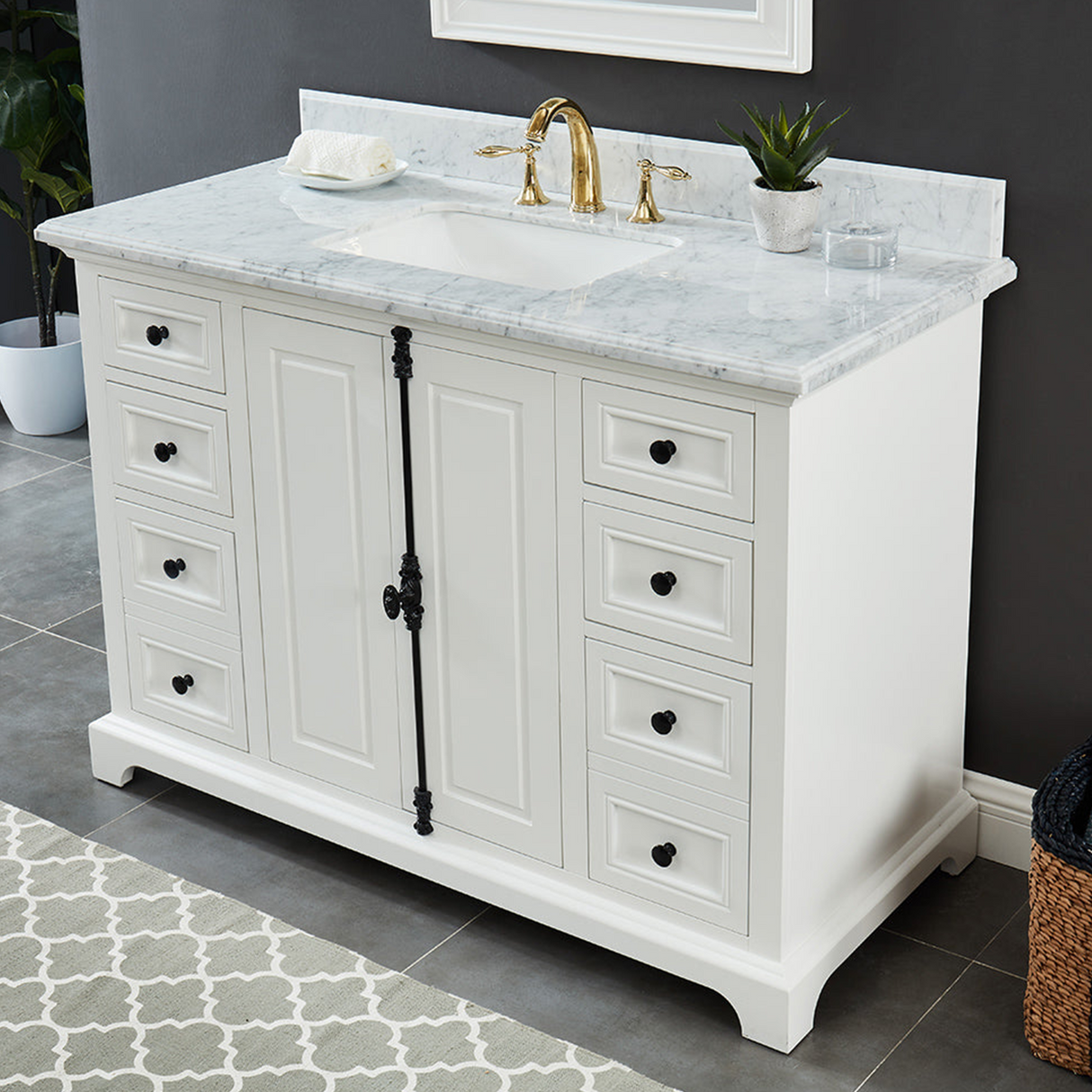 48" Icon Premium Freestanding Solid Wood White Bathroom Vanity with 1 In. Thick Premium Carrara Natural Marble Sink Top with 4 In. Backsplash