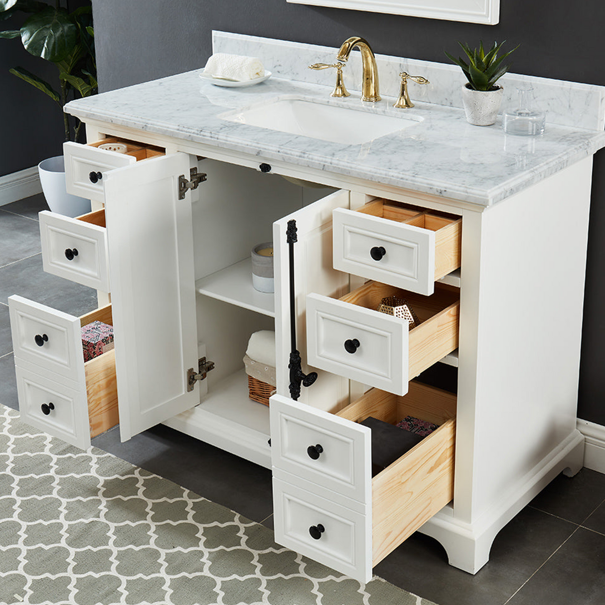 48" Icon Premium Freestanding Solid Wood White Bathroom Vanity with 1 In. Thick Premium Carrara Natural Marble Sink Top with 4 In. Backsplash