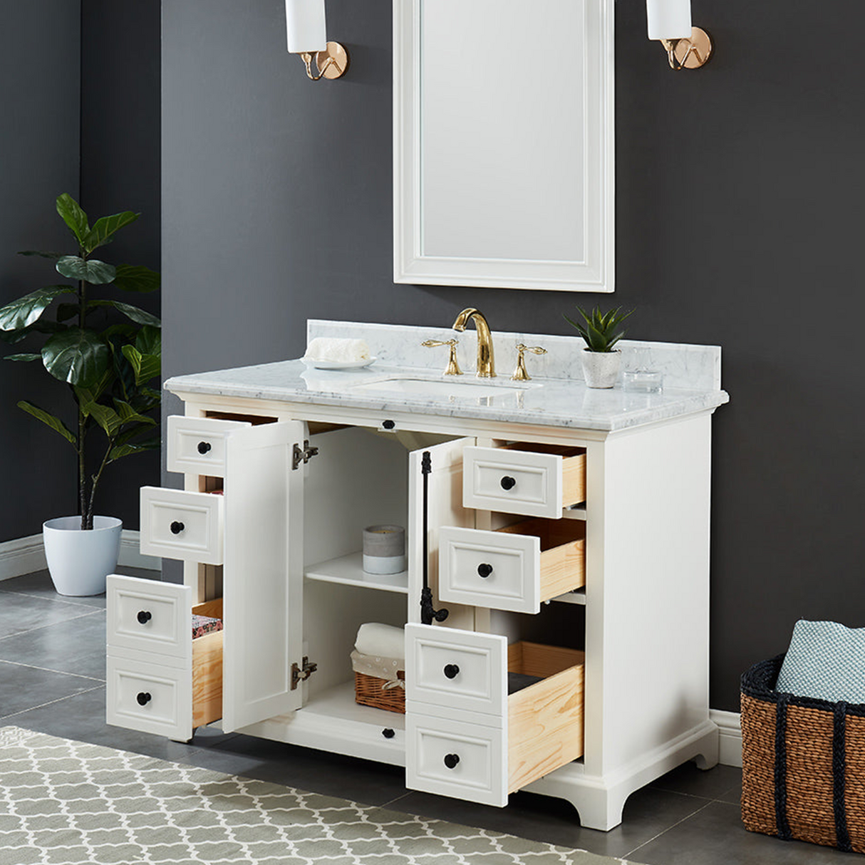 48" Icon Premium Freestanding Solid Wood White Bathroom Vanity with 1 In. Thick Premium Carrara Natural Marble Sink Top with 4 In. Backsplash