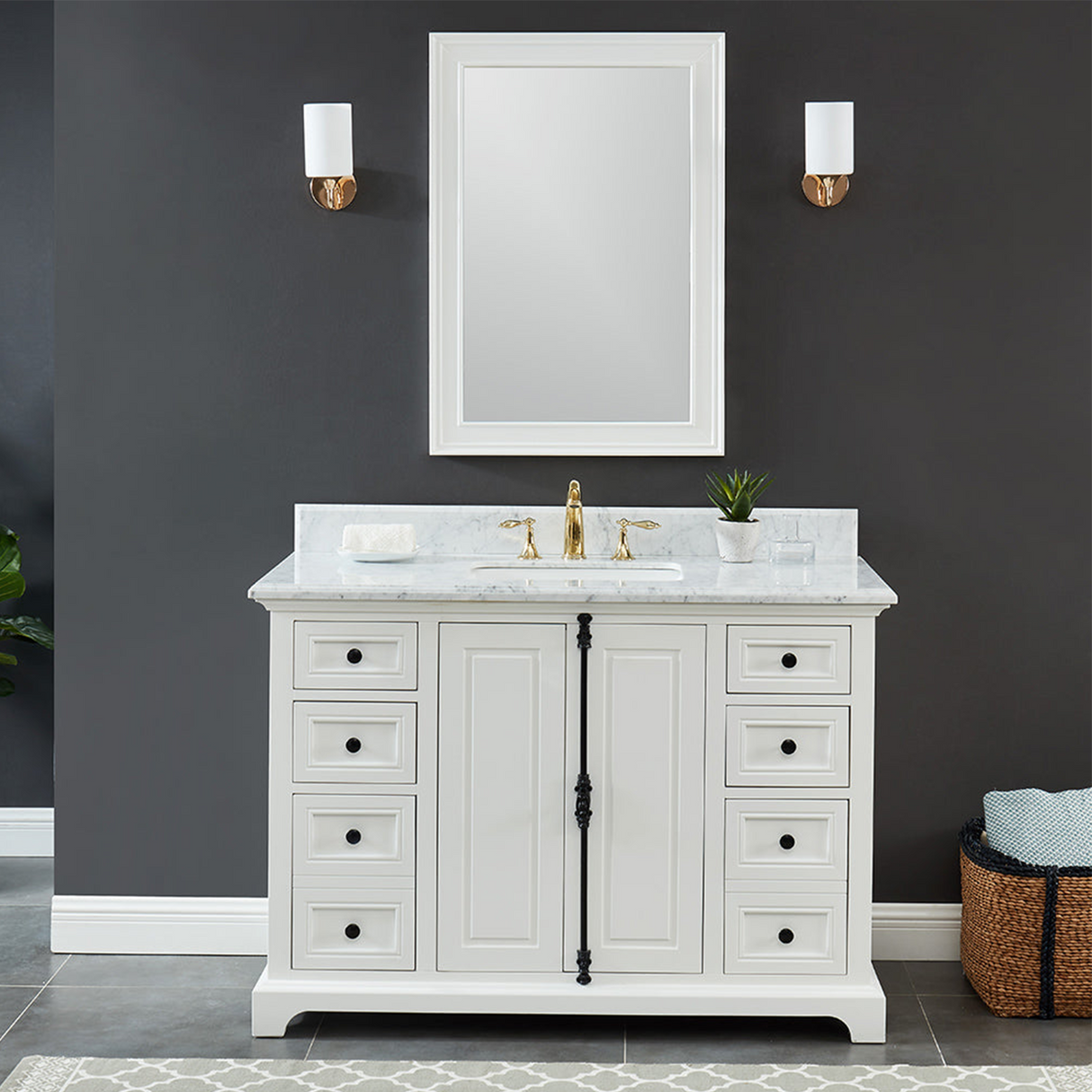 48" Icon Premium Freestanding Solid Wood White Bathroom Vanity with 1 In. Thick Premium Carrara Natural Marble Sink Top with 4 In. Backsplash